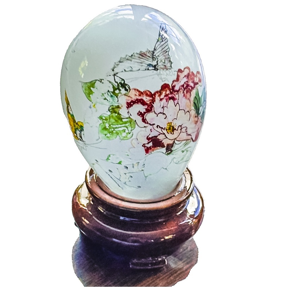 Hand-Painted Inside Glass Egg with Butterfly & Peony | on Wooden Stand